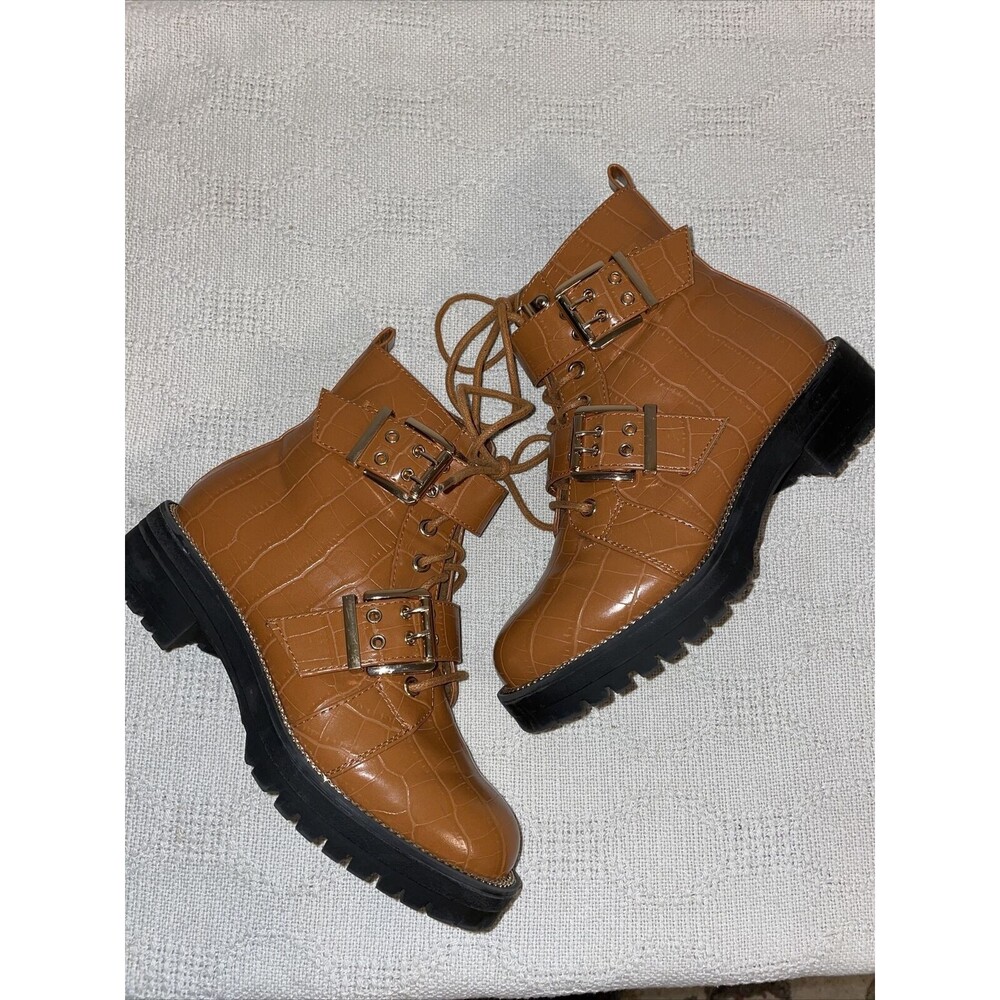 ASOS Fashion Boots Women's Size 5 Medium Brown Manmade Lace Up Zip Side Buckle